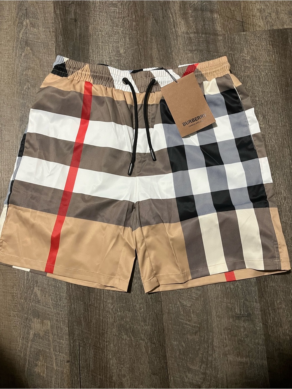 Burberry Men's Beige Check Swim Shorts with Red Stripe Accent